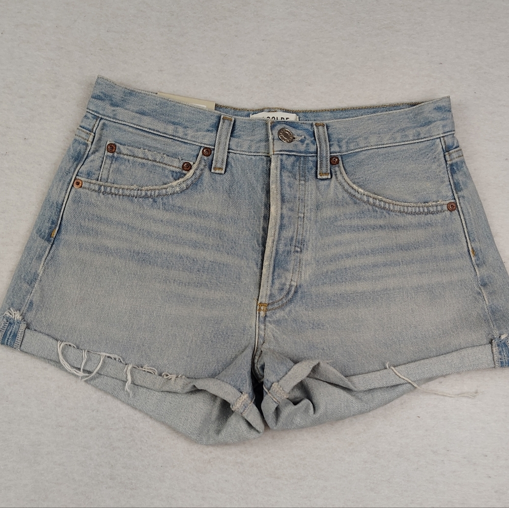 Agolde High Waist Distressed Denim Shorts in Light Blue - Picture 3 of 9